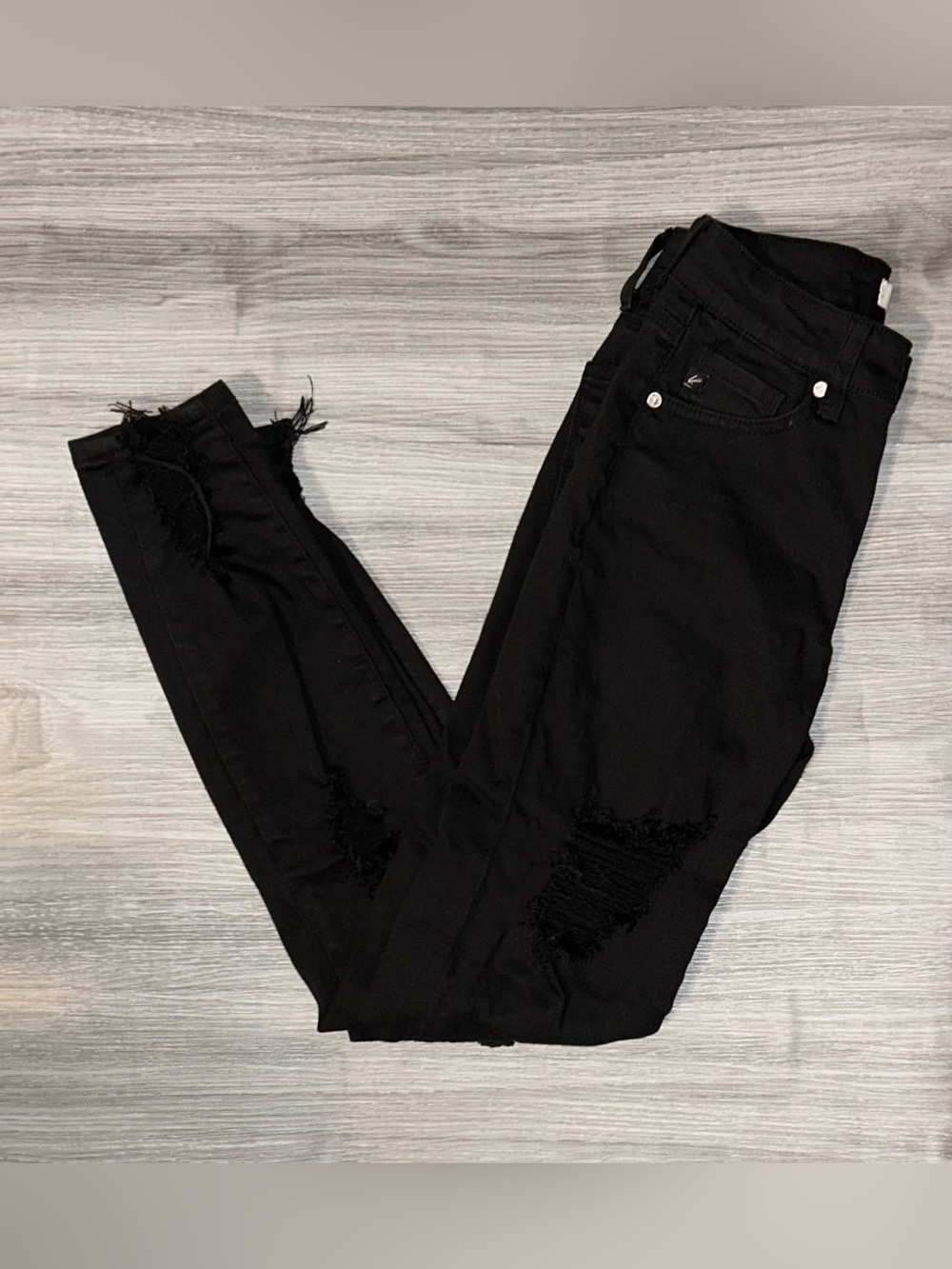 KanCan Black Button Fly Distressed Skinny Jeans 7/27 High Rise Stretch